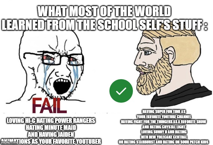 i think the one on the fail side is dead | what most of the world learned from the school self's stuff :; having super fun time as your favorite YouTube channel having fight for the thingers as a favorite show 
and hating crystal light
loving sunny d and hating mtn dew yolecake central
or hating starburst and hating on sour patch kids; loving hi-c hating power rangers
hating minute maid
and having Jaiden animations as your favorite youtuber | image tagged in soyboy vs yes chad,true,facts,yep | made w/ Imgflip meme maker