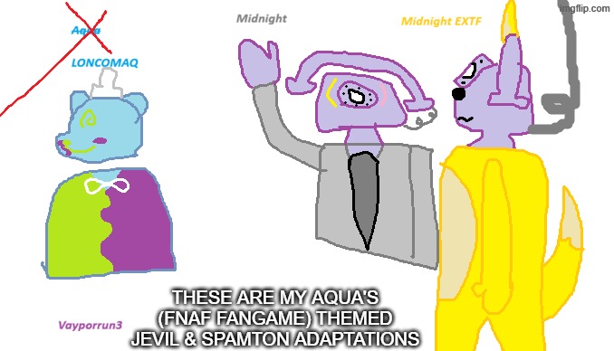 took 45 mins to draw, so it aint quality work. | these are my aqua's (fnaf fangame) themed jevil & spamton adaptations | image tagged in my dc12 reds png | made w/ Imgflip meme maker