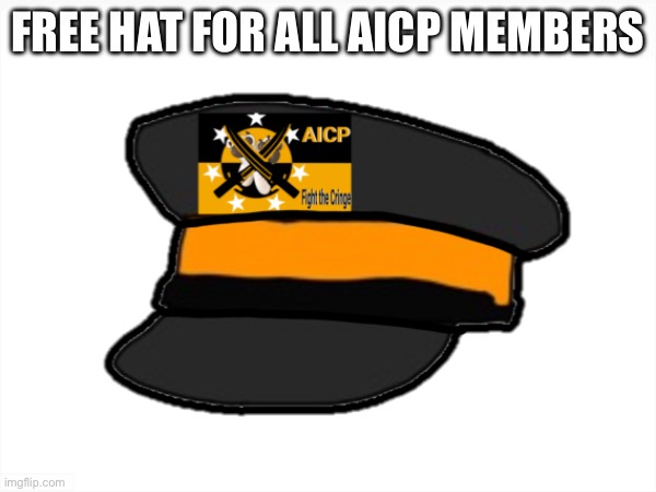 "FREE AICP HAT" | Free hat for all aicp Members | image tagged in aicp,support aicp,hat | made w/ Imgflip meme maker