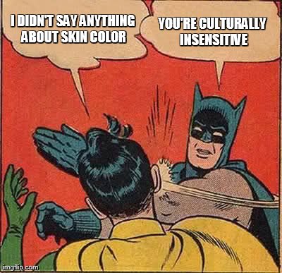 Batman Slapping Robin Meme | I DIDN'T SAY ANYTHING ABOUT SKIN COLOR YOU'RE CULTURALLY INSENSITIVE | image tagged in memes,batman slapping robin | made w/ Imgflip meme maker