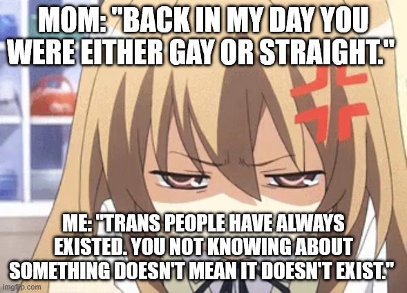 What I wish I had told mom. | Mom: "Back in my day you were either gay or straight."; Me: "Trans people have always existed. You not knowing about something doesn't mean it doesn't exist." | image tagged in frustrated anime girl | made w/ Imgflip meme maker