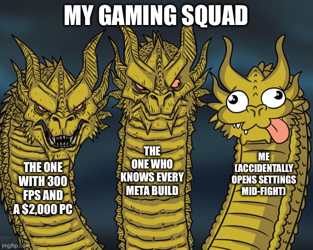 My gaming squad | MY GAMING SQUAD; THE ONE WHO KNOWS EVERY META BUILD; ME (ACCIDENTALLY OPENS SETTINGS MID-FIGHT); THE ONE WITH 300 FPS AND A $2,000 PC | image tagged in three-headed dragon,fun,gaming,squad,meme,fps | made w/ Imgflip meme maker
