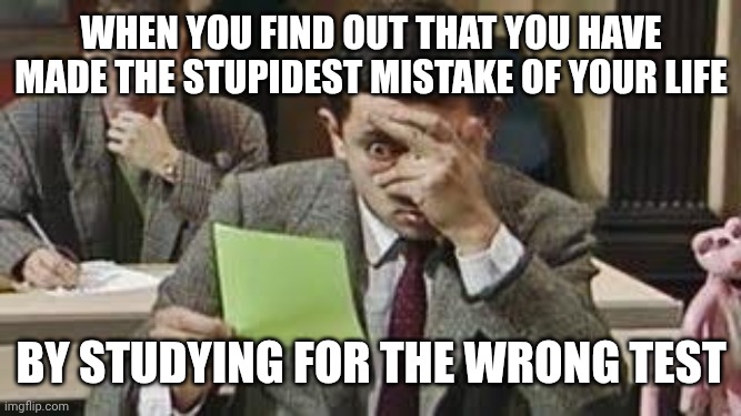 Mr bean exam | When you find out that you have made the stupidest mistake of your life; By studying for the wrong test | image tagged in mr bean exam | made w/ Imgflip meme maker