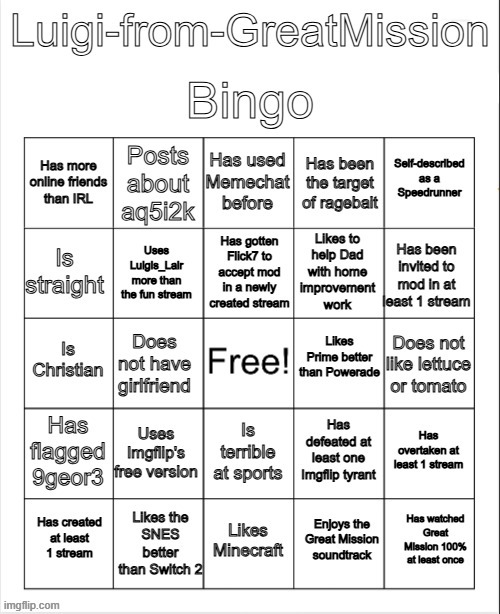 Luigi-from-GreatMission Bingo | image tagged in luigi-from-greatmission bingo | made w/ Imgflip meme maker