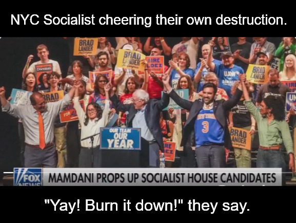 NYC leads the way to pier's end | NYC Socialist cheering their own destruction. "Yay! Burn it down!" they say. | image tagged in nyc,mamdani,bernie sanders,usa,trump | made w/ Imgflip meme maker