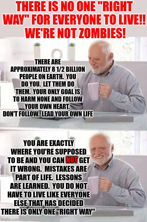 YOU ARE ONE OF A KIND!  You Can NOT Get It Wrong!  Lead Ur Life.  Don't Follow Others.  No1 But U Can Know What's In YOUR Heart! | There is no one "right way" for everyone to live!!
 We're not zombies! There are approximately 8 1/2 BILLION people on earth.  You do you.  Let them do them.  Your only goal is to harm none and follow your own heart.  Don't follow.  Lead your own life; You are exactly where you're supposed to be and you can not get it wrong.  Mistakes are part of life.  Lessons are learned.  You do NOT have to live like everyone else that has decided there is only one "right way"; not | image tagged in memes,hide the pain harold,be yourself,love yourself,you are one of a kind,don't worry be happy | made w/ Imgflip meme maker