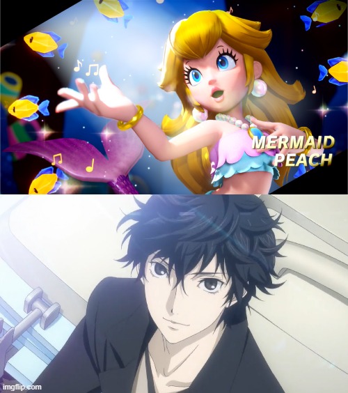 joker likes mermaid peach | image tagged in who likes mermaid peach,princess peach showtime,persona 5,video games,nintendo memes,mermaid peach | made w/ Imgflip meme maker
