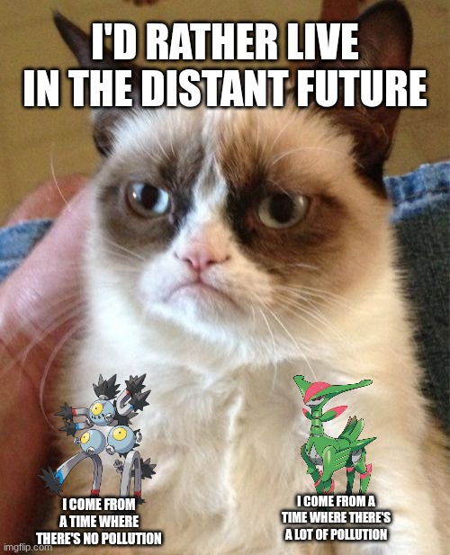 What the heck, grumpy cat? | I'd rather live in the distant future; I come from a time where there's a lot of pollution; I come from a time where there's no pollution | image tagged in memes,grumpy cat | made w/ Imgflip meme maker