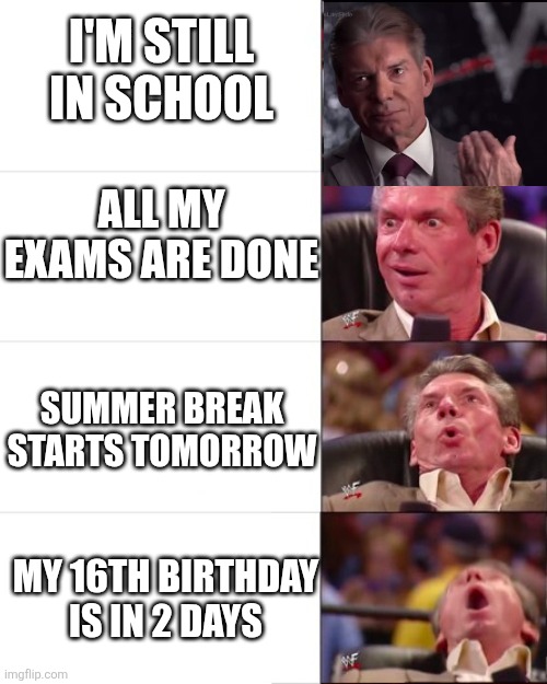 almost there | I'm still in school; all my exams are done; summer break starts tomorrow; My 16th birthday is in 2 days | image tagged in vince mcmahon wwe | made w/ Imgflip meme maker