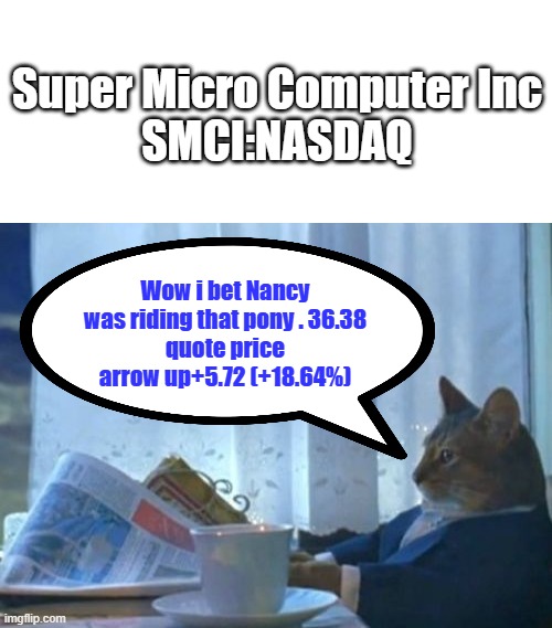 in 8 hours, not financial advice | Super Micro Computer Inc
SMCI:NASDAQ; Wow i bet Nancy was riding that pony . 36.38
quote price arrow up+5.72 (+18.64%) | image tagged in memes,i should buy a boat cat | made w/ Imgflip meme maker