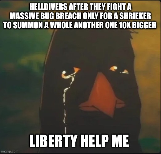 SAMPLES | Helldivers after they fight a massive bug breach only for a shrieker to summon a whole another one 10x bigger; Liberty help me | image tagged in samples | made w/ Imgflip meme maker