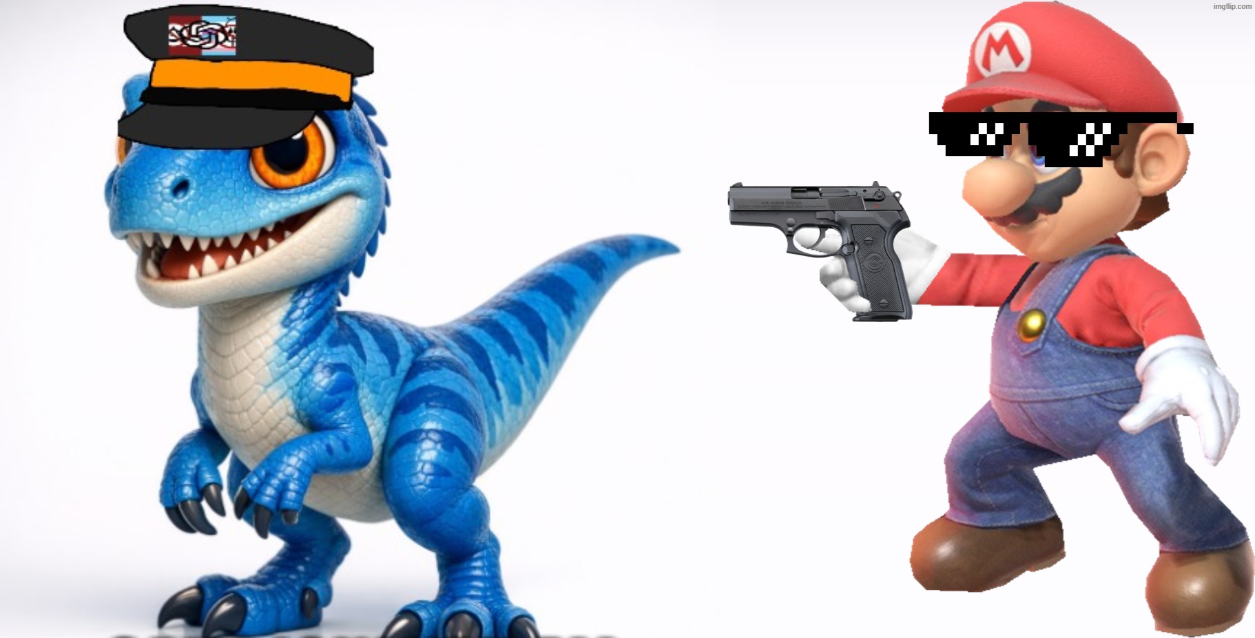 Mario Versus Kolbysaurus | image tagged in kolbysaurus,memes,mario,dinosaur,gun | made w/ Imgflip meme maker