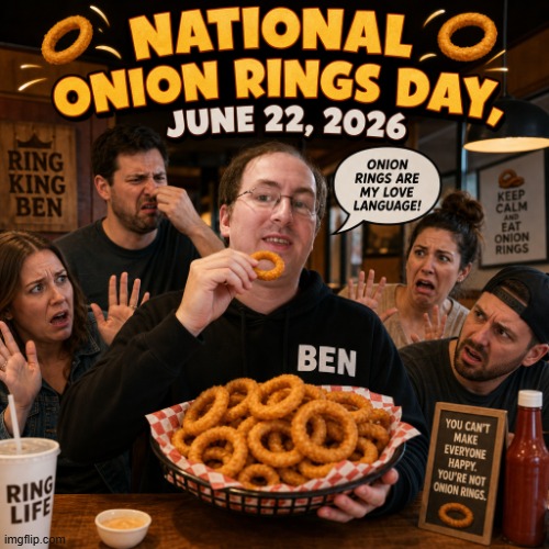 National Onion Rings Day | image tagged in onion rings,onion,holiday,eating,funny,memes | made w/ Imgflip meme maker