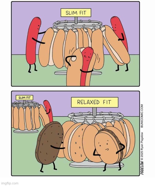 Buns! | image tagged in comics,buni comics,hot dogs and hamburgers,buns,relaxed fit,slim fit | made w/ Imgflip meme maker