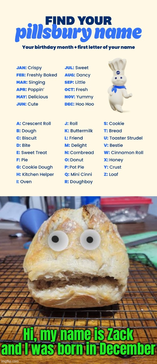 Hoo Hoo Loaf | Hi, my name is Zack and I was born in December | image tagged in funny memes,pilsbury | made w/ Imgflip meme maker