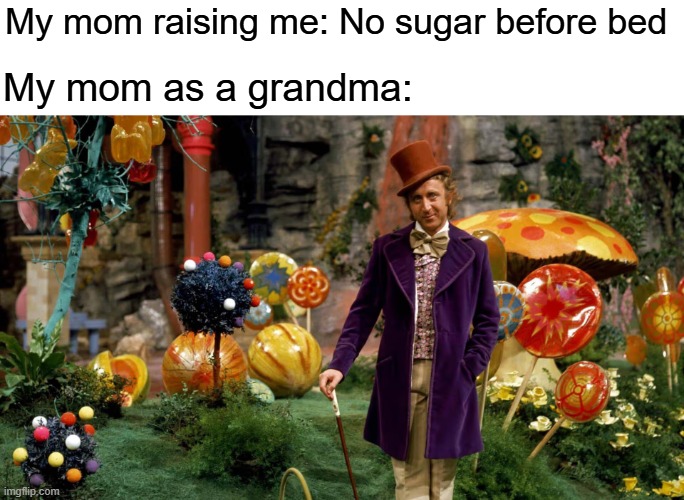 That is so not fair | My mom raising me: No sugar before bed; My mom as a grandma: | image tagged in willy wonka,parenting,memes,so true memes,grandparents,relatable | made w/ Imgflip meme maker
