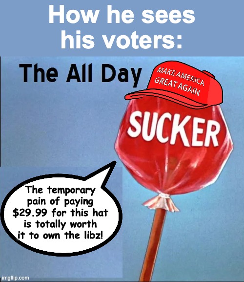 How he sees his voters: The temporary pain of paying $29.99 for this hat is totally worth it to own the libz! | made w/ Imgflip meme maker