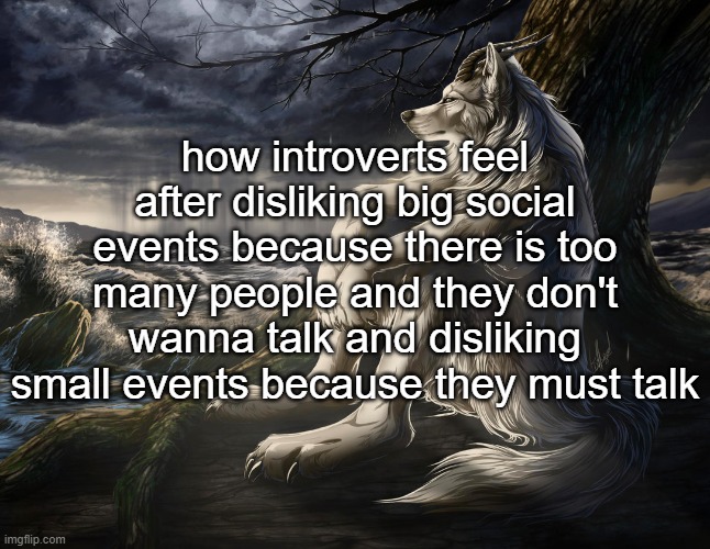 that introvert is me | how introverts feel after disliking big social events because there is too many people and they don't wanna talk and disliking small events because they must talk | image tagged in sitting wolf | made w/ Imgflip meme maker
