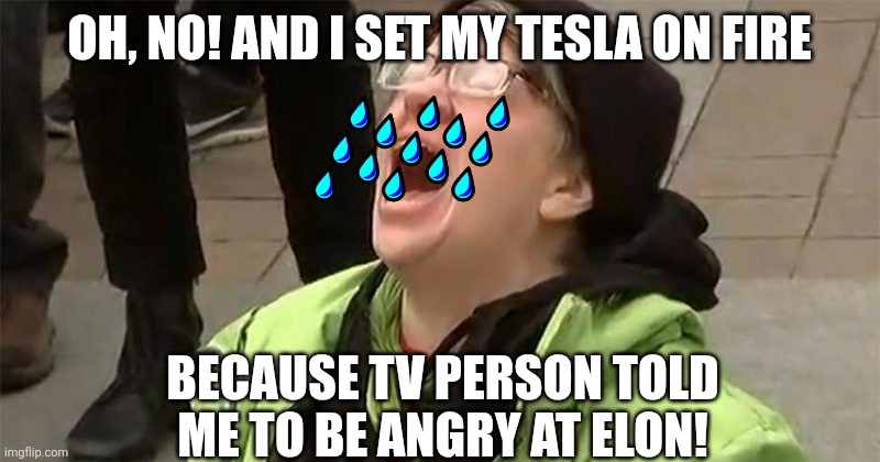 crying liberal | Oh, no! And I set my tesla on fire Because tv person told me to be angry at elon! | image tagged in crying liberal | made w/ Imgflip meme maker