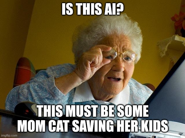 Grandma Finds The Internet Meme | Is this AI? This must be some mom cat saving her kids | image tagged in memes,grandma finds the internet | made w/ Imgflip meme maker