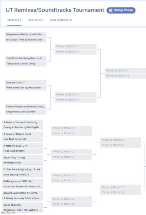 So yeah, this is the bracket matching. I'll put the songs in the comment | image tagged in ut soundtrack tournament | made w/ Imgflip meme maker