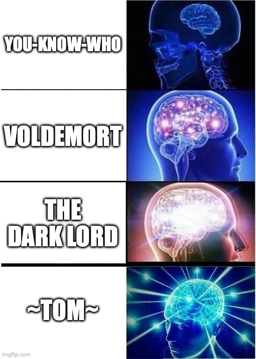 ways to call Voldemort | you-know-who; Voldemort; The Dark Lord; ~tom~ | image tagged in memes,expanding brain | made w/ Imgflip meme maker