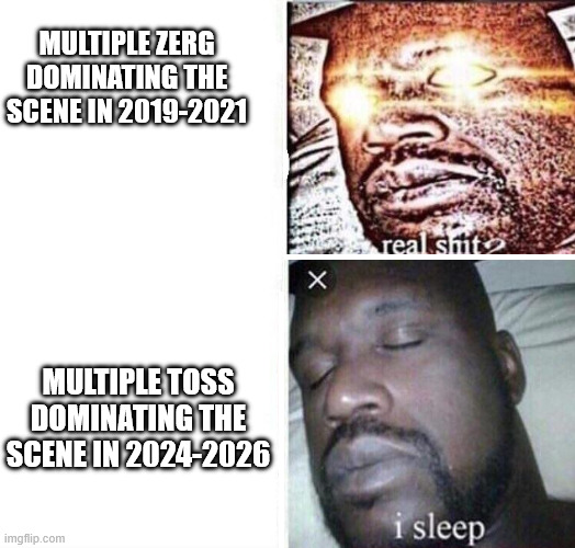 i sleep reverse | Multiple Zerg dominating the scene in 2019-2021; Multiple Toss dominating the scene in 2024-2026 | image tagged in i sleep reverse | made w/ Imgflip meme maker