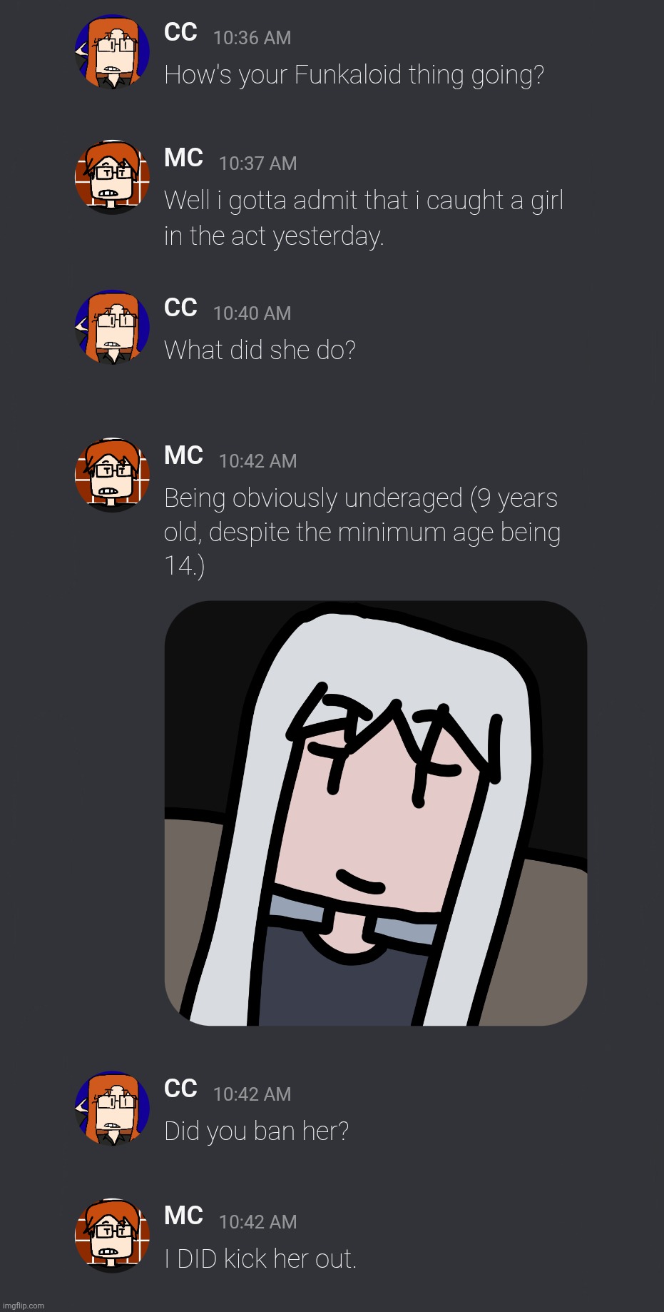 MC discovered a 9 year old while he was working on the Funkaloid radar yesterday and told CC about it on Strife. | image tagged in mc,moscovio may,cc,strife,comics,funkaloid | made w/ Imgflip meme maker