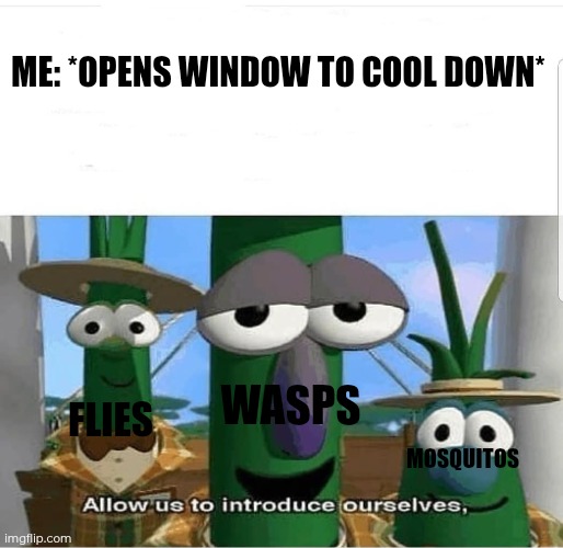 Insects be locking in just to enter | Me: *opens window to cool down*; Wasps; Flies; Mosquitos | image tagged in allow us to introduce ourselves,insects,memes,funny,summer,annoying | made w/ Imgflip meme maker