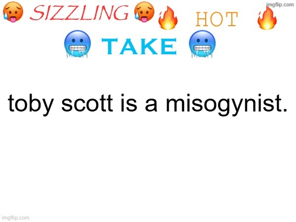 sizzling hot take | toby scott is a misogynist. | image tagged in sizzling hot take | made w/ Imgflip meme maker