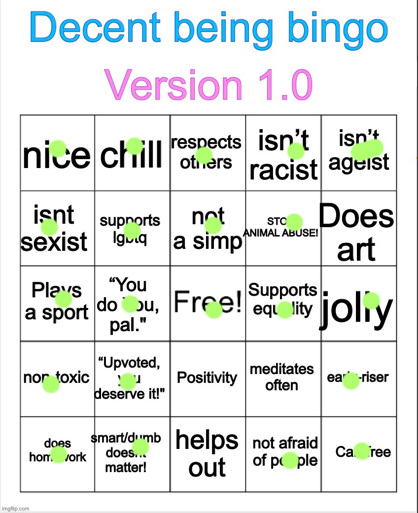 Decent being bingo | image tagged in decent being bingo,msmg | made w/ Imgflip meme maker