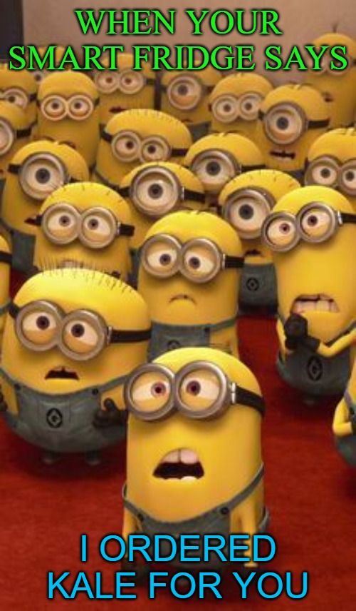 minions confused | WHEN YOUR SMART FRIDGE SAYS; I ORDERED KALE FOR YOU | image tagged in minions confused | made w/ Imgflip meme maker