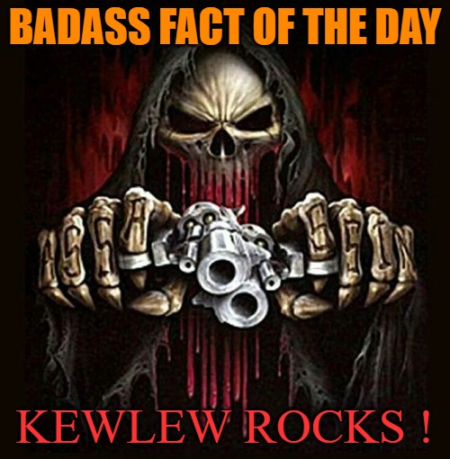 badass skeleton | BADASS FACT OF THE DAY; KEWLEW ROCKS ! | image tagged in badass skeleton | made w/ Imgflip meme maker