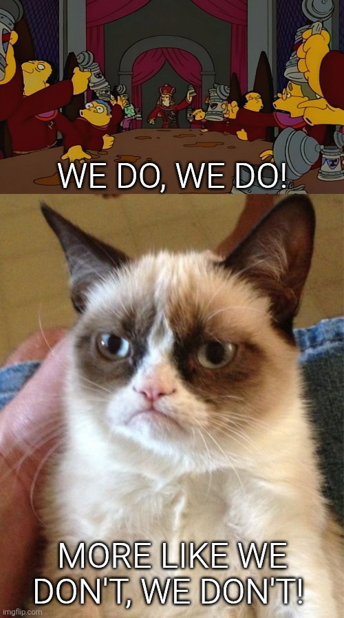 We don't, we don't! | We do, we do! More like We don't, we don't! | image tagged in memes,grumpy cat,the simpsons,stonecutters | made w/ Imgflip meme maker