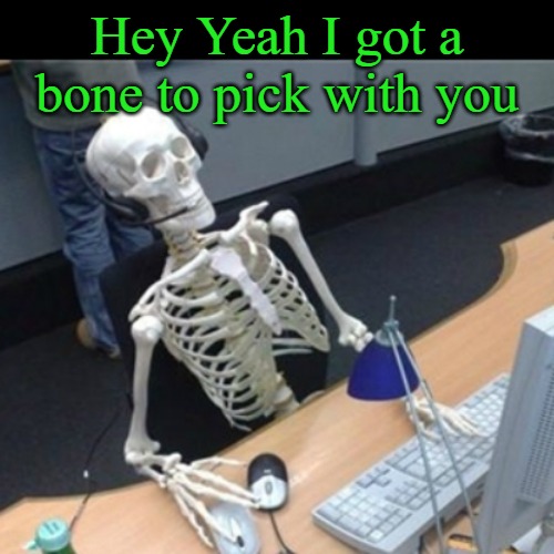 Skeleton Waiting At Computer | Hey Yeah I got a bone to pick with you | image tagged in skeleton waiting at computer | made w/ Imgflip meme maker