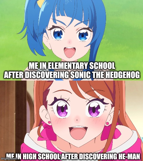 Comparing One of My Hyperfixations from Elementary School to One from High School | Me in elementary school after discovering Sonic the Hedgehog; Me in high school after discovering He-Man | image tagged in hspc12_sora_vows_to_protect_ellee-chan webp,memes,anime,precure,sonic the hedgehog,he-man | made w/ Imgflip meme maker