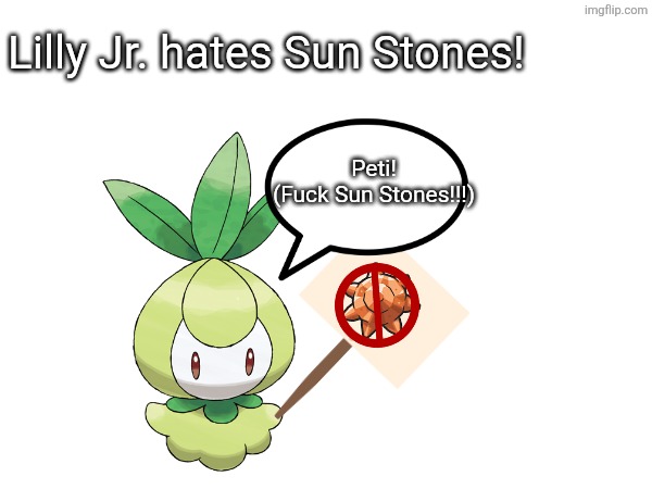 Lilly Jr hates Sun Stones | Lilly Jr. hates Sun Stones! Peti!
(Fuck Sun Stones!!!) | image tagged in lilly jr,sun stone hate,pokemon | made w/ Imgflip meme maker