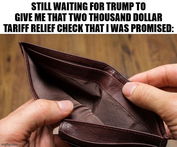 empty wallet | still waiting for trump to give me that two thousand dollar tariff relief check that i was promised: | image tagged in empty wallet,trump,tariffs,check,republican,lol | made w/ Imgflip meme maker