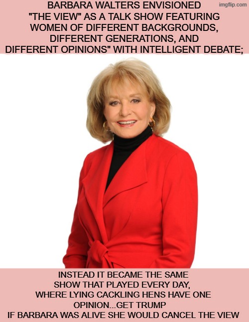 Barbara Walters of the view | BARBARA WALTERS ENVISIONED "THE VIEW" AS A TALK SHOW FEATURING WOMEN OF DIFFERENT BACKGROUNDS, DIFFERENT GENERATIONS, AND DIFFERENT OPINIONS" WITH INTELLIGENT DEBATE;; Instead it became the same show that played every day, 
where lying cackling hens have one opinion...get trump   
If Barbara was alive she would cancel the view | made w/ Imgflip meme maker