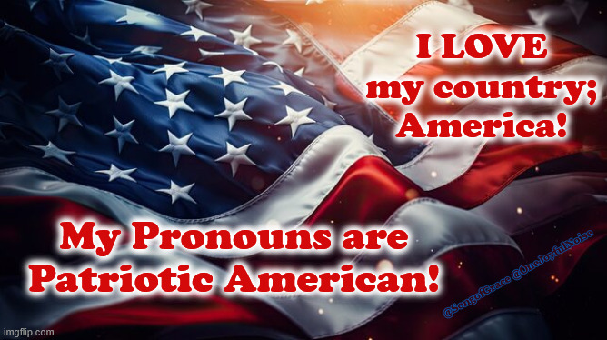 My Pronouns are Patriotic American! | I LOVE my country;
America! My Pronouns are Patriotic American! @SongofGrace @OneJoyfulNoise | made w/ Imgflip meme maker