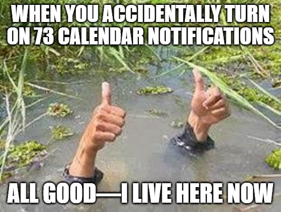 FLOODING THUMBS UP | WHEN YOU ACCIDENTALLY TURN ON 73 CALENDAR NOTIFICATIONS; ALL GOOD—I LIVE HERE NOW | image tagged in flooding thumbs up | made w/ Imgflip meme maker