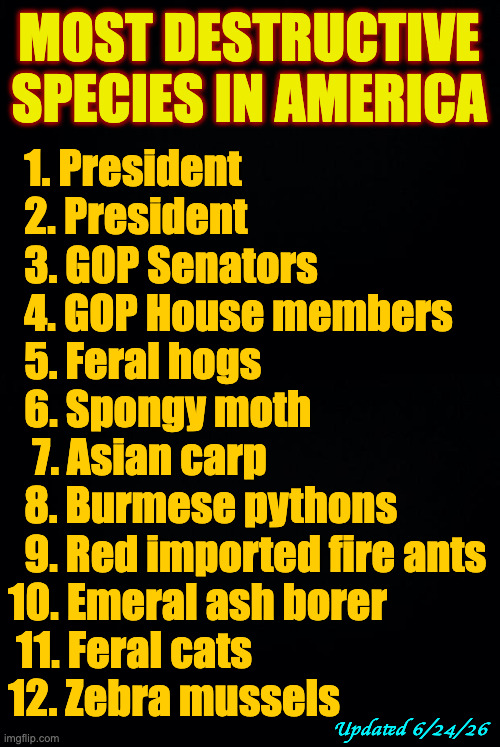Feral hogs now occupy all top five spots. | most destructive species in america; 1. President
  2. President
  3. GOP Senators
  4. GOP House members
  5. Feral hogs
  6. Spongy moth
   7. Asian carp
  8. Burmese pythons
  9. Red imported fire ants
10. Emeral ash borer
 11. Feral cats
12. Zebra mussels; Updated 6/24/26 | image tagged in memes,facts,feral hogs | made w/ Imgflip meme maker