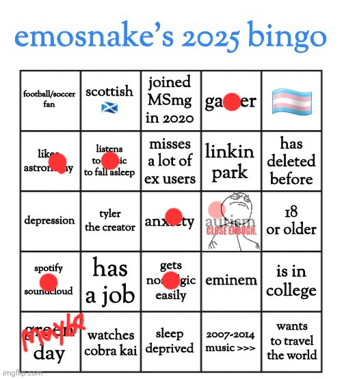 About the autism thing: I don't have autism but I do have a disorder often mistaken for autism so I think it counts | image tagged in emosnake's 2025 bingo | made w/ Imgflip meme maker