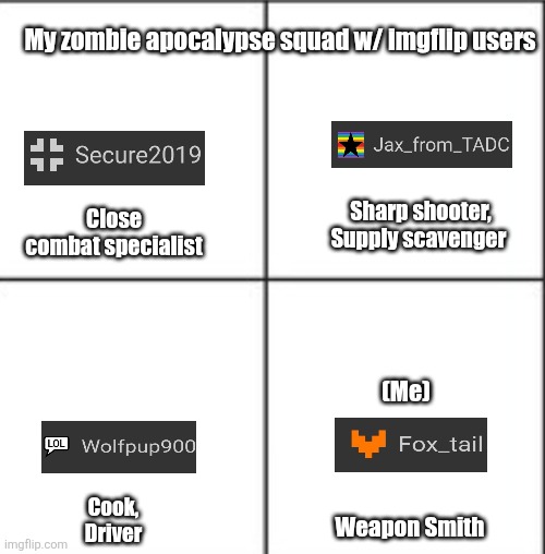 Secure2019 might also make tanks | My zombie apocalypse squad w/ imgflip users; Sharp shooter,
Supply scavenger; Close combat specialist; (Me); Cook,
Driver; Weapon Smith | image tagged in 2 2 grid white,my zombie apocalypse team | made w/ Imgflip meme maker