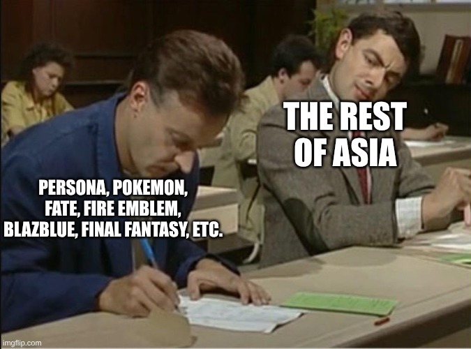 How Gacha Games Were Born | The Rest of Asia; Persona, Pokemon, Fate, Fire Emblem, BlazBlue, Final Fantasy, etc. | image tagged in mr bean cheats on exam,memes,video games,anime,funny | made w/ Imgflip meme maker