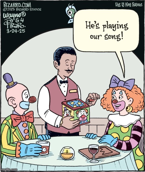 “Pop Goes The Weasel”? | image tagged in comics,bizarro comics,clowns,restaurant,jack in the box,playing our song | made w/ Imgflip meme maker