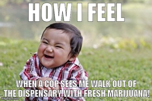 Evil Toddler Meme | HOW I FEEL WHEN A COP SEES ME WALK OUT OF THE DISPENSARY WITH FRESH MARIJUANA! | image tagged in memes,evil toddler | made w/ Imgflip meme maker
