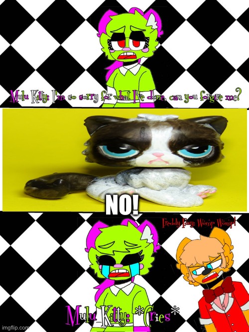 A mad LPS yells at LuLu kitty! | No! | made w/ Imgflip meme maker