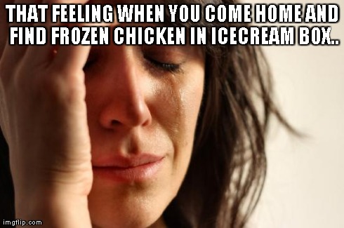 First World Problems Meme | THAT FEELING WHEN YOU COME HOME AND FIND FROZEN CHICKEN IN ICECREAM BOX.. | image tagged in memes,first world problems | made w/ Imgflip meme maker