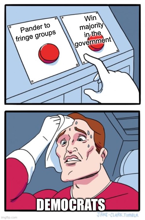 Two Buttons Meme | Win majority in the government; Pander to fringe groups; Democrats | image tagged in memes,two buttons,democrats,liberals,politics,political meme | made w/ Imgflip meme maker